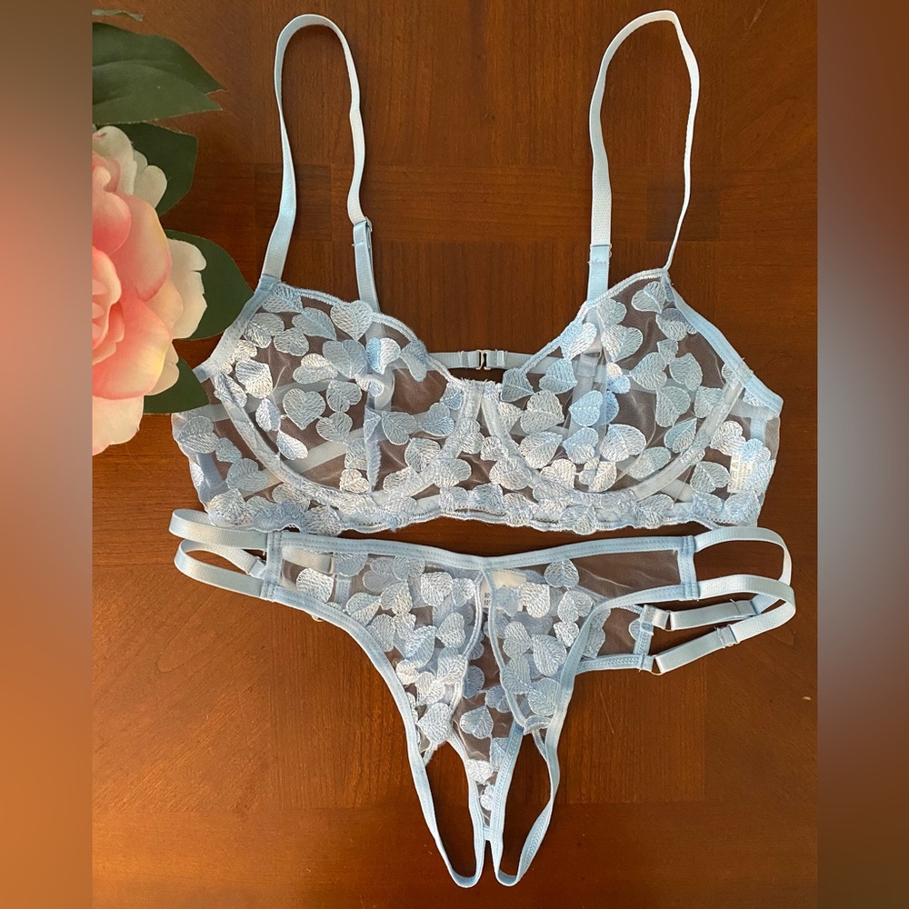 Light Blue Hearts Mesh Lingerie Set Small - Picture 3 of 5